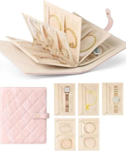 Travel Jewelry Organizer Case, Foldable Jewelry Bags Jewelry Storage Book Ring Binder with Clear Zipper Velvet Pouch Bag for Traveling,Rings,Necklace,Earrings,Bracelets,Brooches